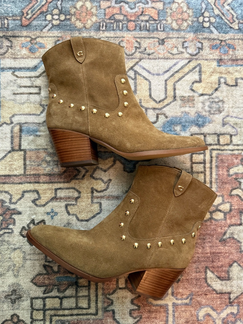 Coach Womens Paline Camel Brown Suede Studded Western Ankle Booties Sz 10